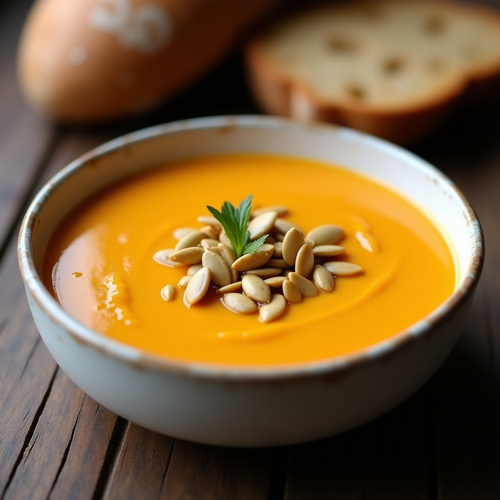 Cuenco de cerámica blanca con crema de calabaza y apio de color naranja intenso, decorada con semillas de calabaza tostadas y un hilo de aceite de oliva, fondo rústico con pan de centeno.