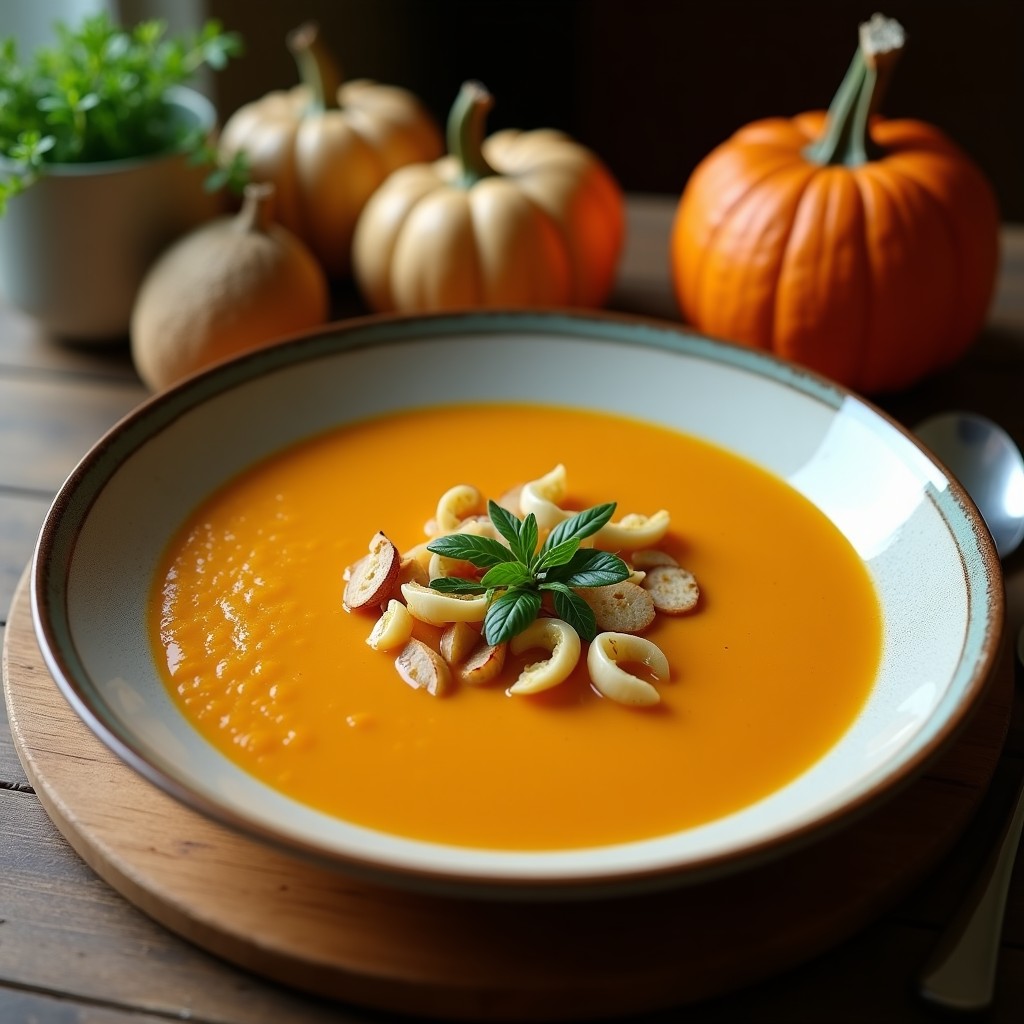 Crema de calabaza asada vegana con jengibre y leche de coco en un tazón blanco, decorada con pimienta negra y nuez moscada