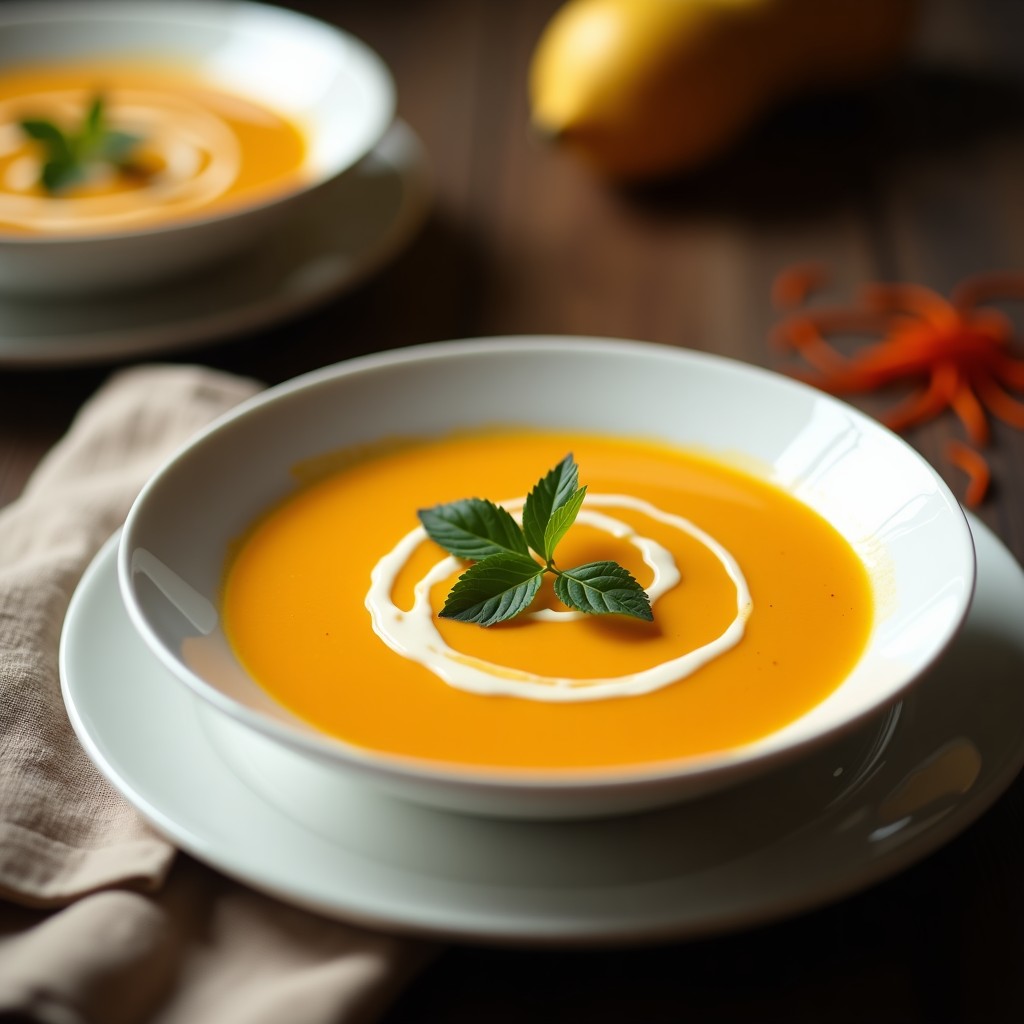 Cuenco blanco con crema de calabaza con azafrán espumosa, decorada con perejil fresco y un hilo de aceite de oliva, sobre fondo rústico de madera.