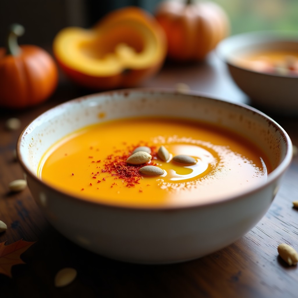 Cuenco blanco con crema de calabaza con azafrán, decorada con hebras de azafrán y semillas de calabaza tostadas, servida en una mesa rústica con fondo borroso.