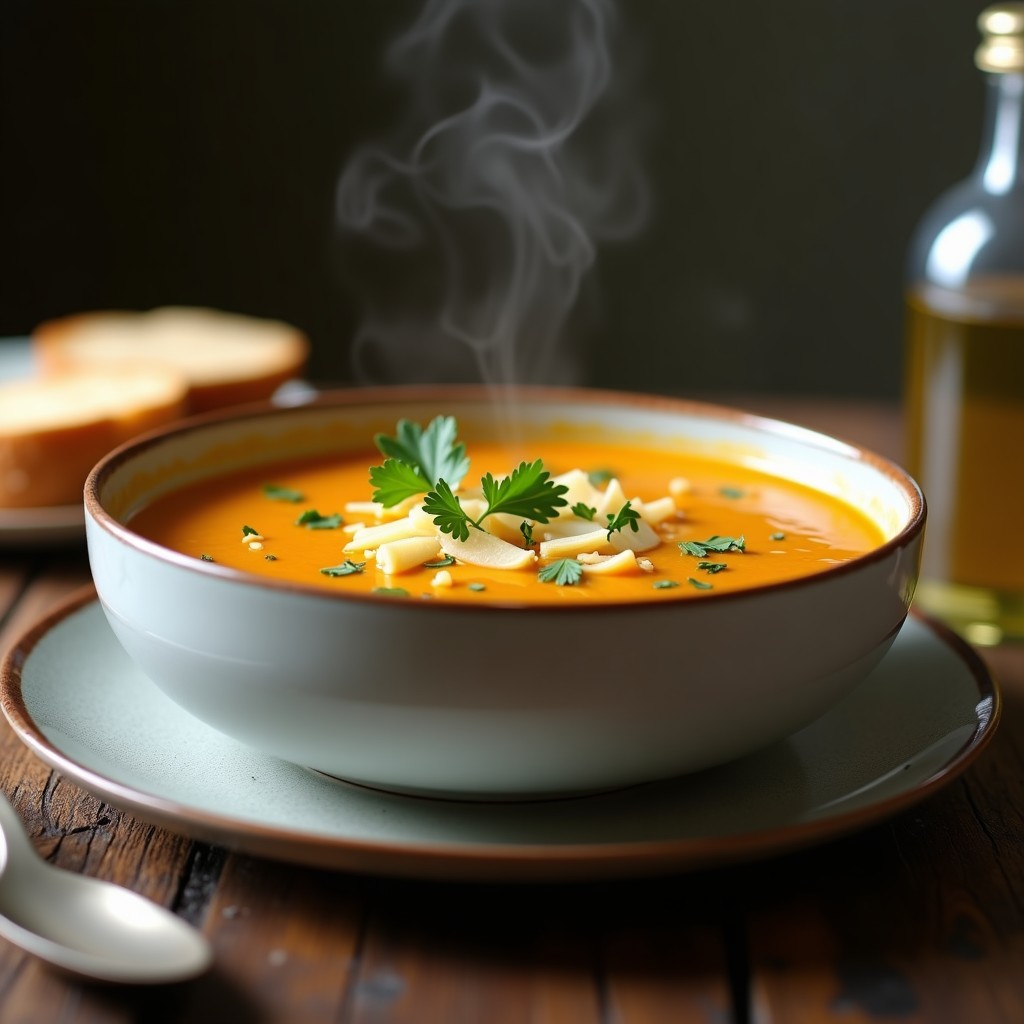 Cuenco de cerámica blanca con crema de calabaza azul espesa, coronada con virutas de cheddar ahumado fundido y perejil fresco, sobre un fondo rústico de madera.