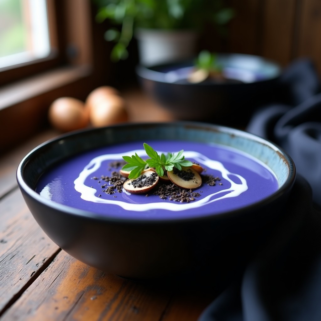 Bowl negro de cerámica con crema de calabaza azul y hongos ostra, color vibrante azulado con toques crema, decorada con perejil fresco y virutas de trufa, servida sobre mesa de madera rústica.
