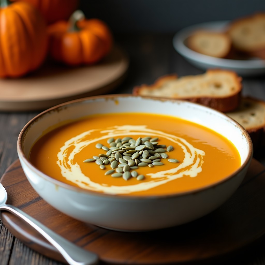Cuenco de cerámica blanca con crema de calabaza espesa y vetas de blue cheese fundido, decorado con semillas de calabaza tostadas y un hilo de aceite de oliva. Plato de fondo rústico con pan de centeno.