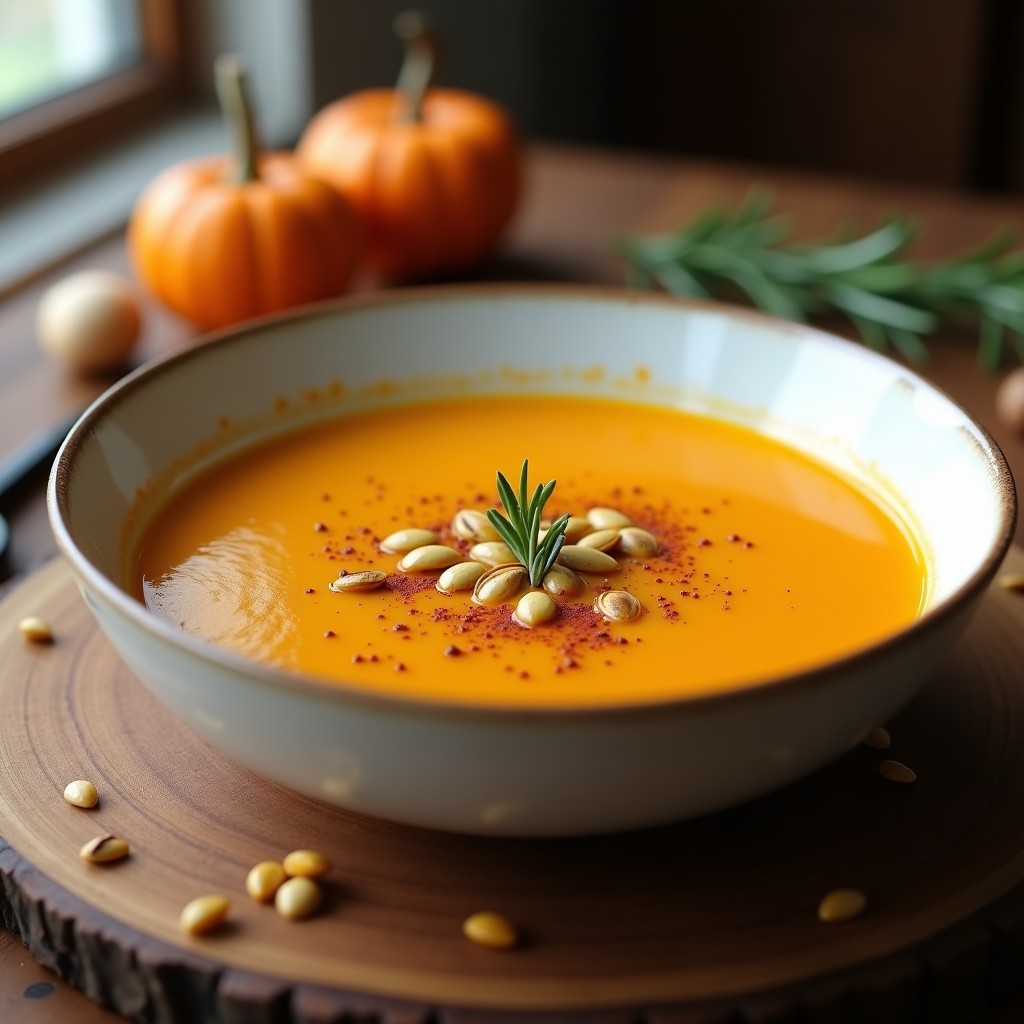 Cuenco hondo de cerámica blanca con crema de calabaza butternut ahumada, decorada con semillas de calabaza tostadas, un hilo de aceite de oliva y pimentón ahumado espolvoreado, sobre fondo rústico de madera.