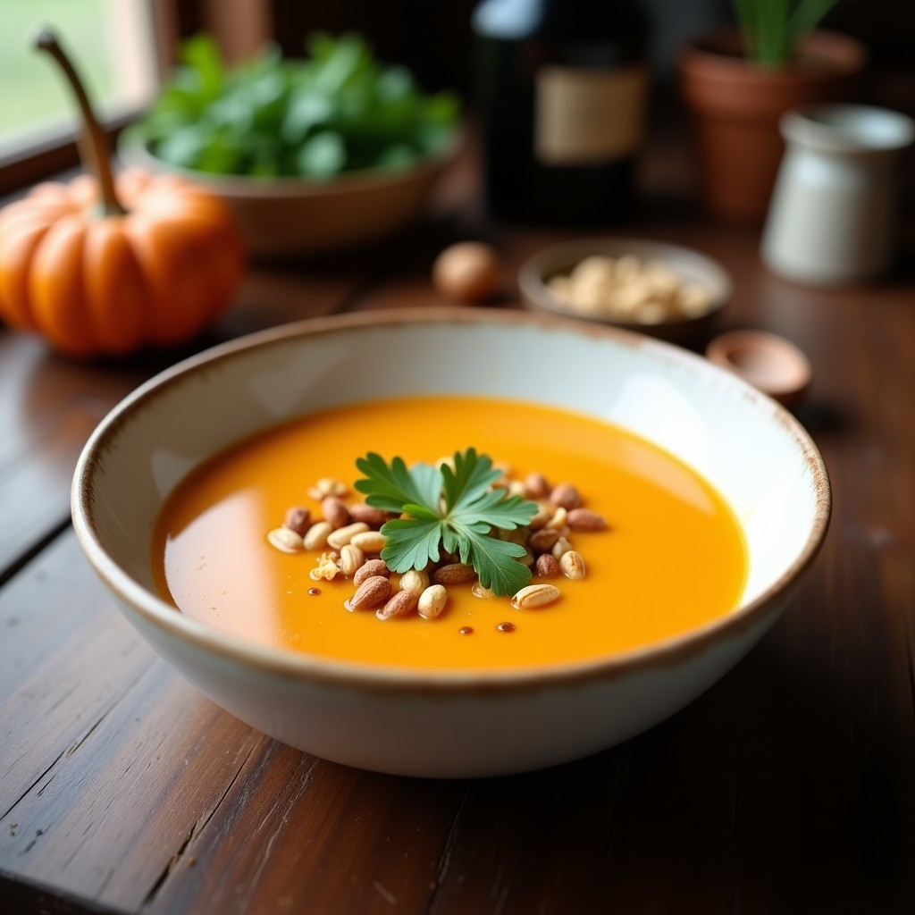 Cuenco de cerámica blanca con crema de calabaza y cacahuete vegana, decorada con cilantro fresco y cacahuetes tostados picados, sobre fondo rústico de madera.