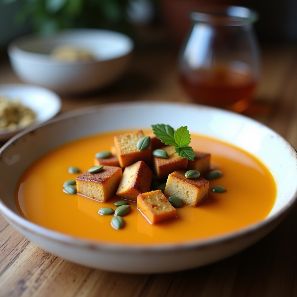 Cuenco blanco con crema de calabaza y café de color anaranjado intenso, coronada con cubos dorados de tofu ahumado y semillas de calabaza. Plato vegano y reconfortante.