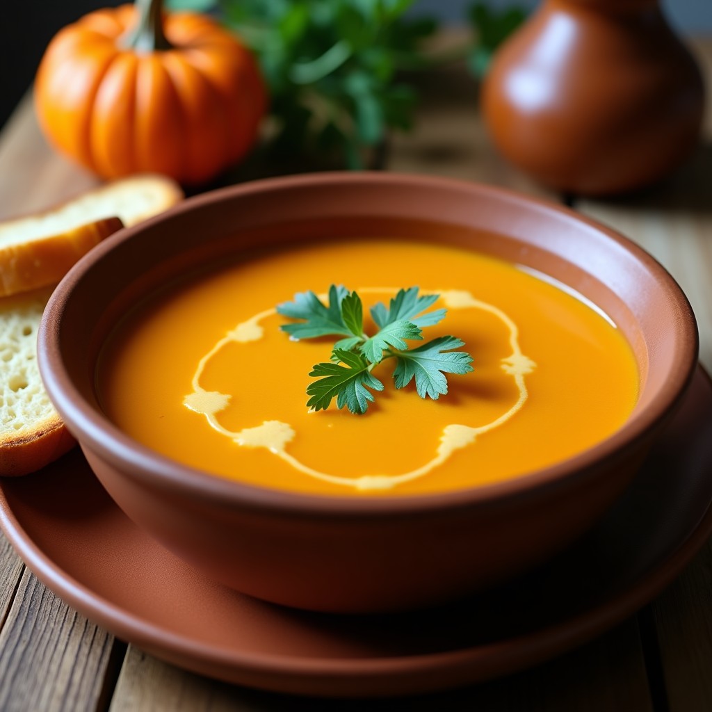 Cazuela de barro con crema de calabaza y castaña espesa, de color naranja intenso, decorada con perejil fresco y un hilo de aceite de oliva, servida sobre mesa rústica de madera con pan tostado al lado.