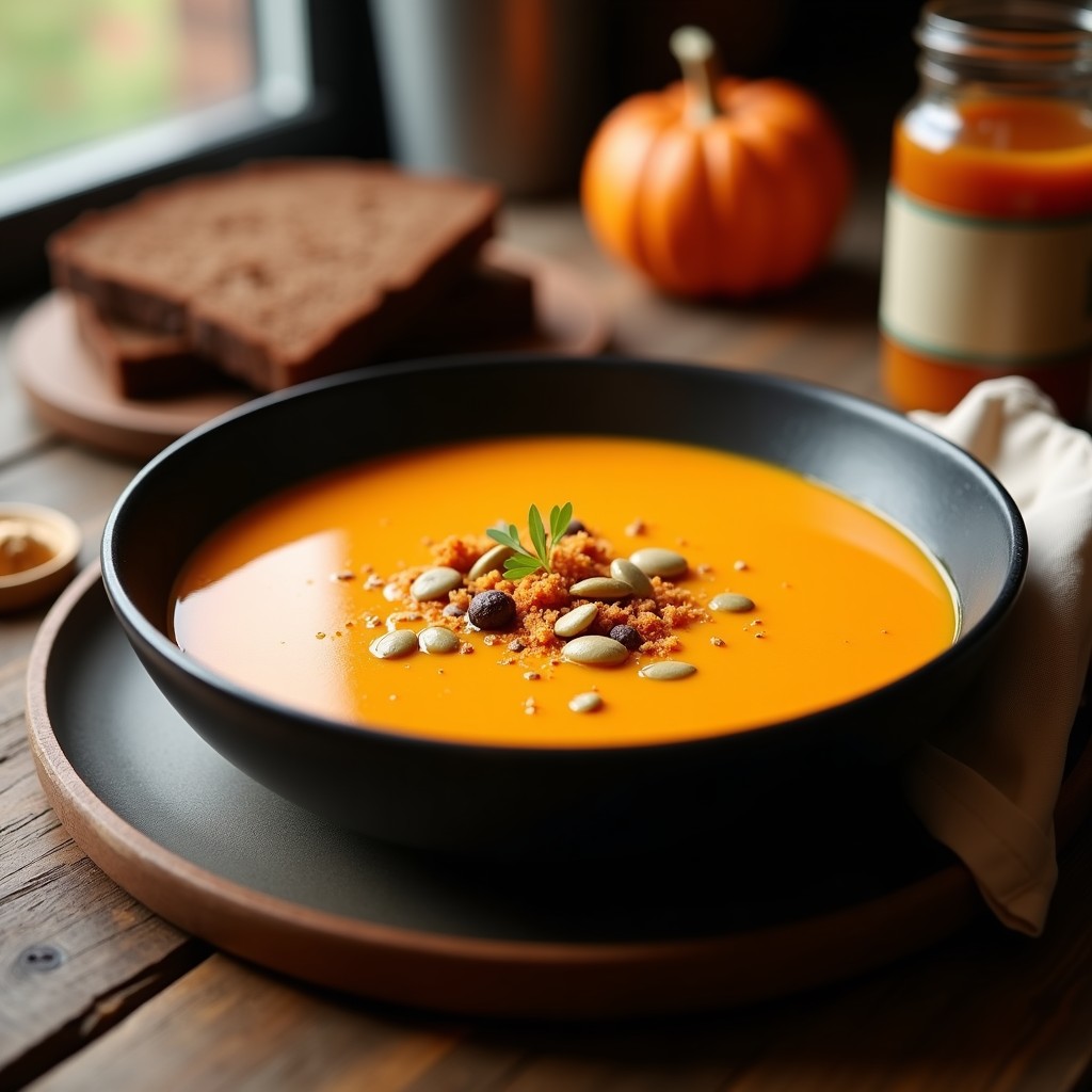 Cuenco de cerámica negra con crema de calabaza y castaña ahumada, decorada con hilo de aceite de oliva, semillas de calabaza tostadas y pimentón ahumado espolvoreado. Fondo rústico con pan de centeno.