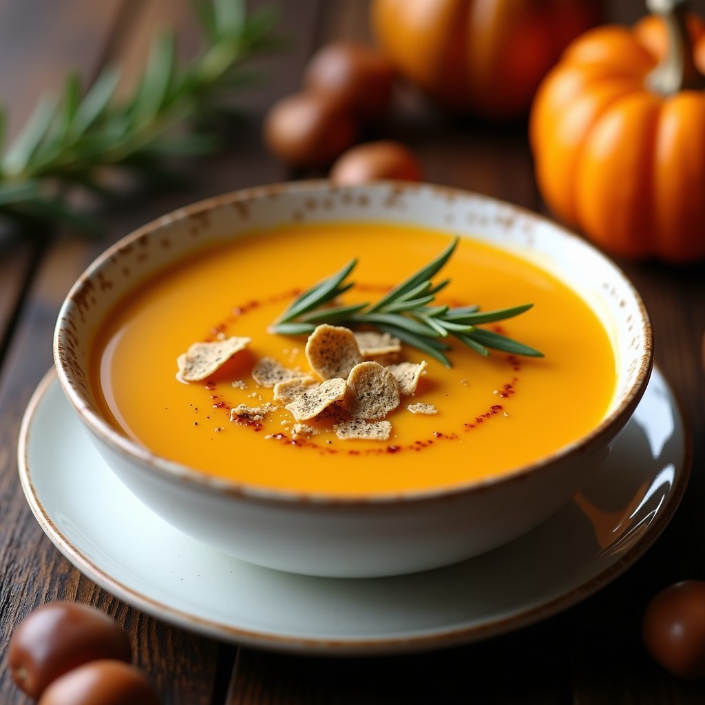 Cuenco hondo de cerámica blanca con crema de calabaza y castañas, decorada con trufa negra rallada y un hilo de aceite de oliva virgen extra, sobre fondo rústico de madera oscura.