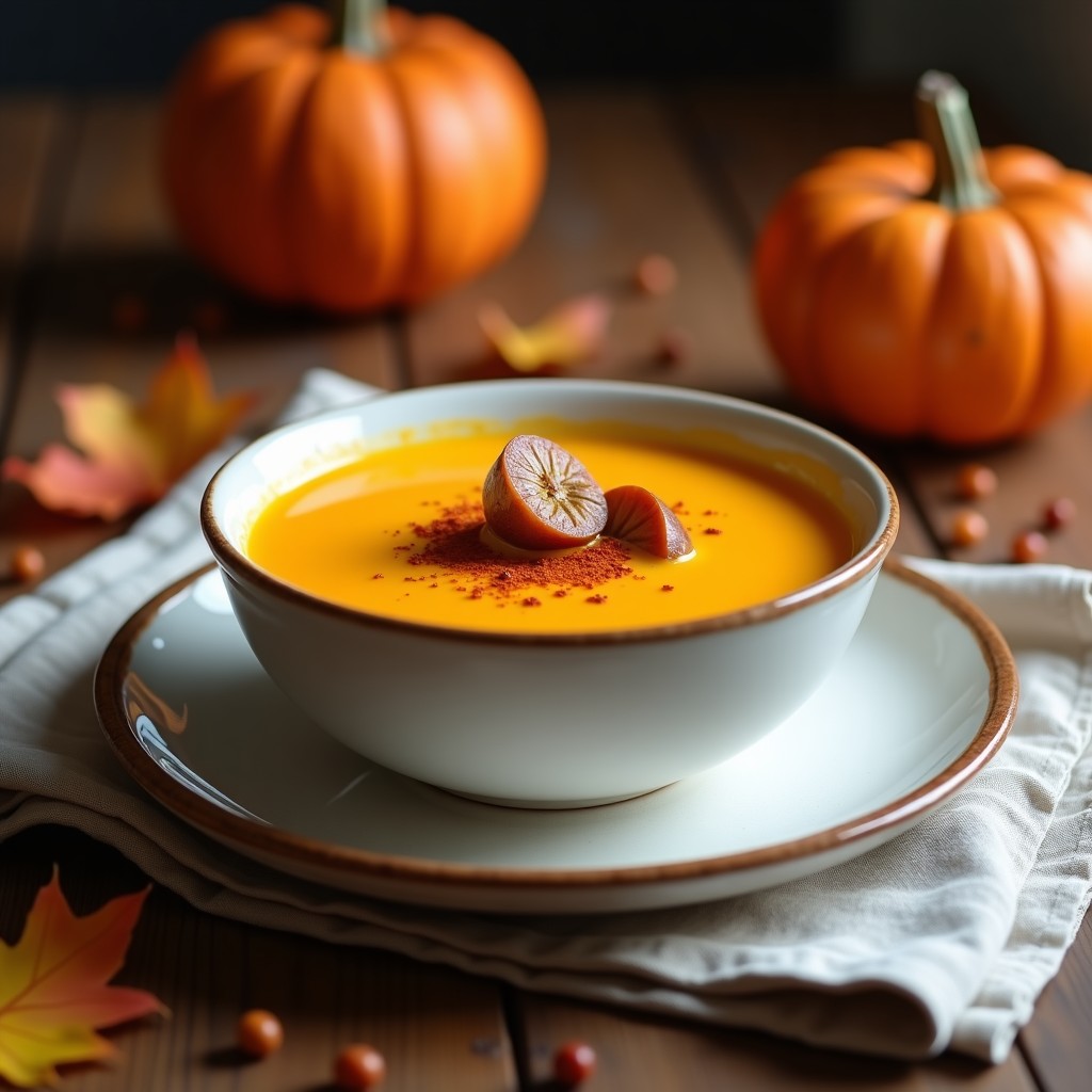 Cuenco de cerámica blanca con crema de calabaza y castañas humeante, decorada con castañas tostadas, hilo de aceite de oliva y pimentón. Plato de otoño en airfryer.