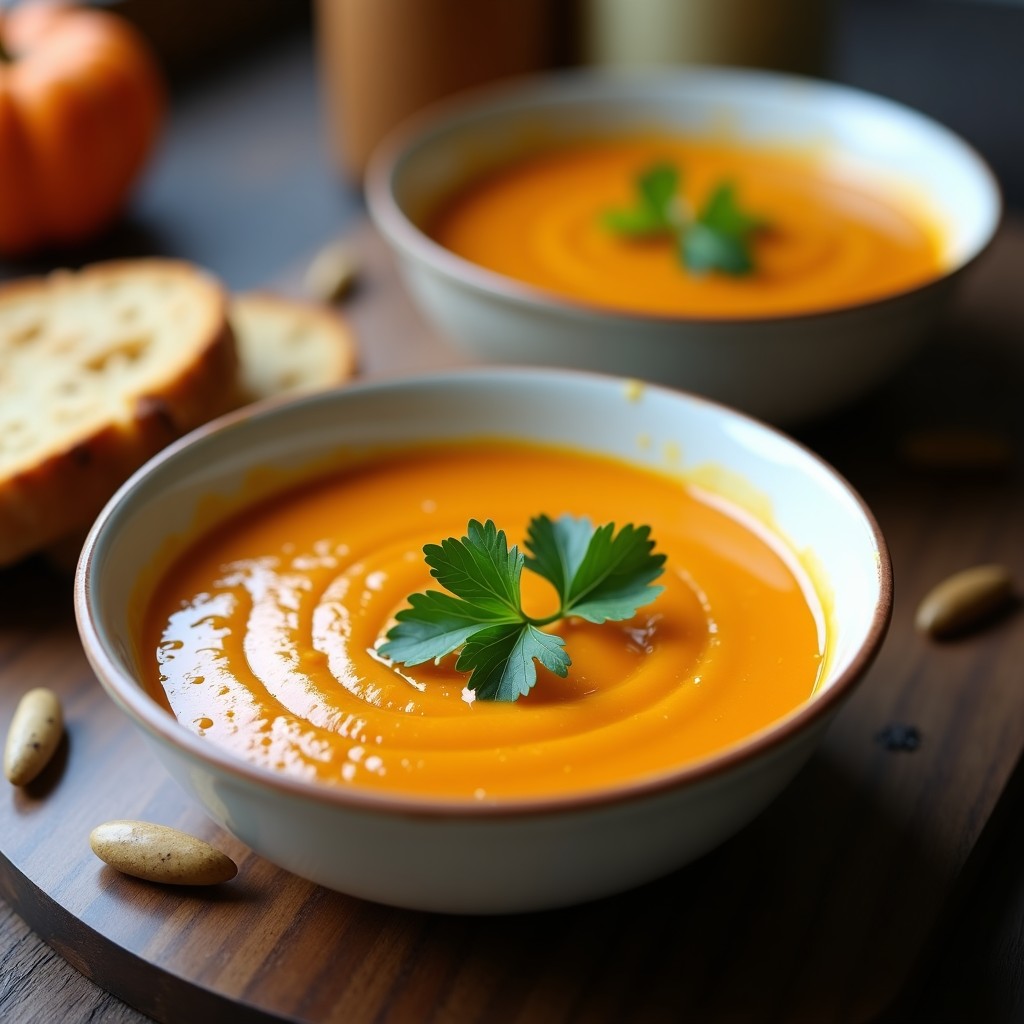 Cuenco blanco con crema de calabaza y castañas al horno, decorada con perejil fresco y un hilo de aceite de oliva, sobre fondo rústico de madera.