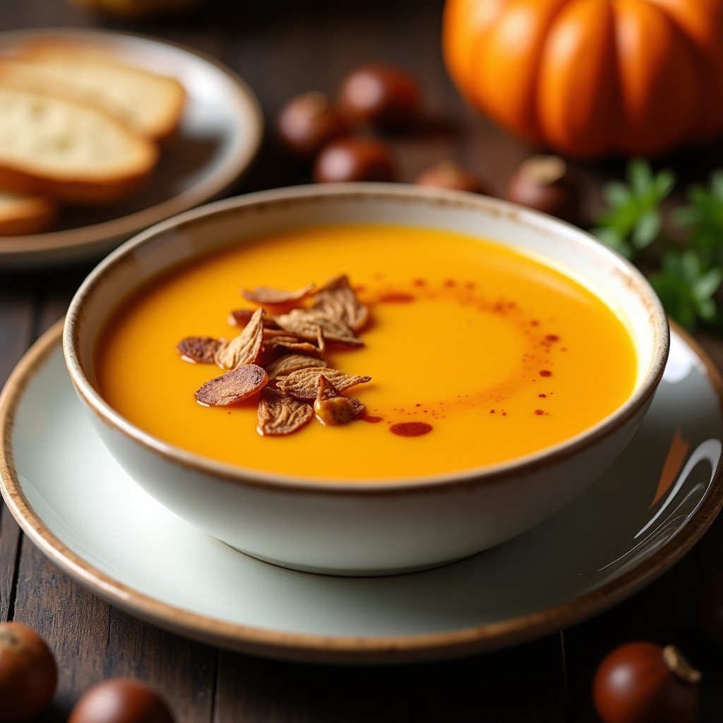 Cuenco blanco con crema de calabaza y castañas de textura aterciopelada, decorada con virutas de castaña tostada y un hilo de aceite de oliva, sobre fondo rústico de madera.