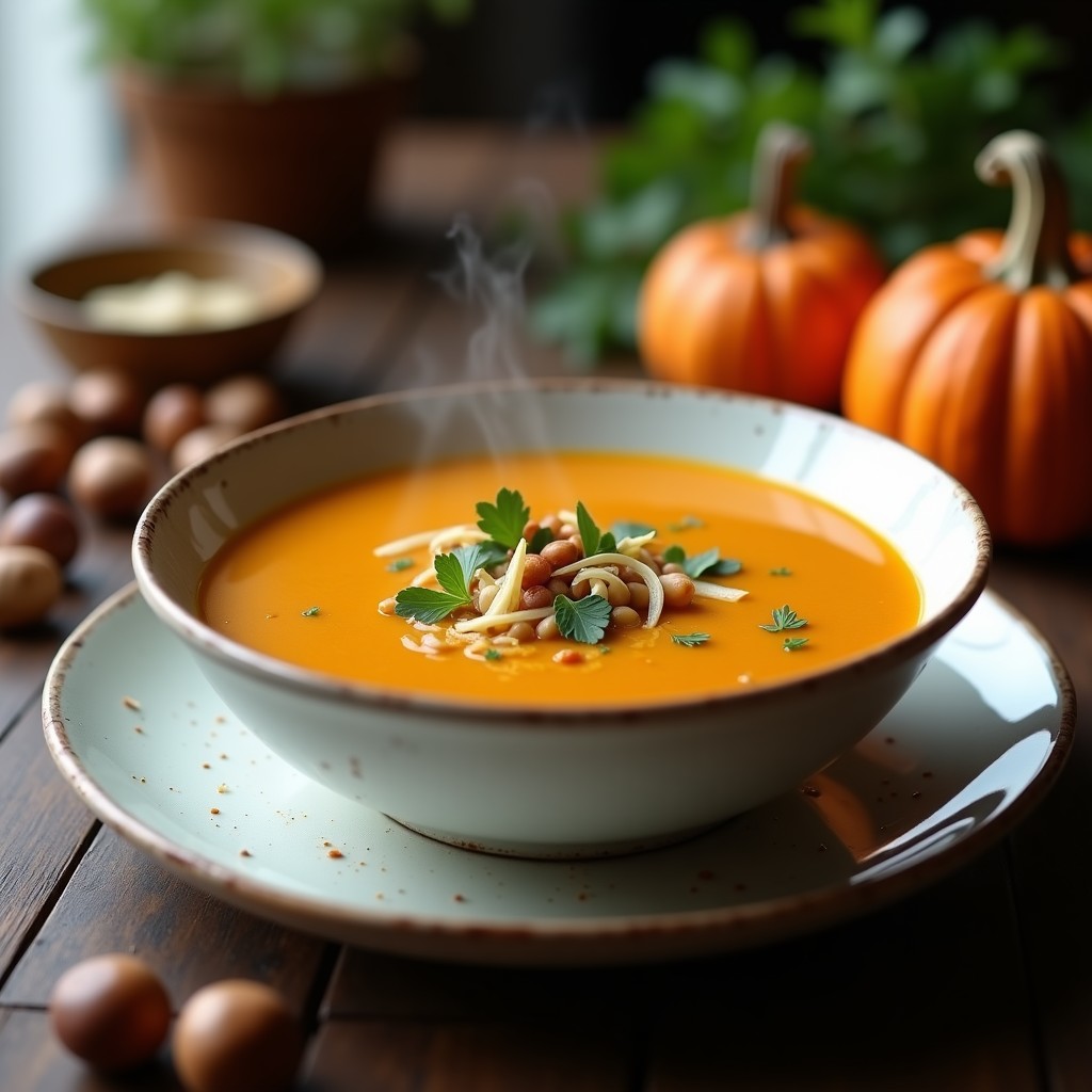 Cuenco de cerámica blanca con crema de calabaza y castaño espesa, decorada con perejil fresco, virutas de castaña y un hilo de aceite de oliva virgen extra sobre fondo de madera rústica.