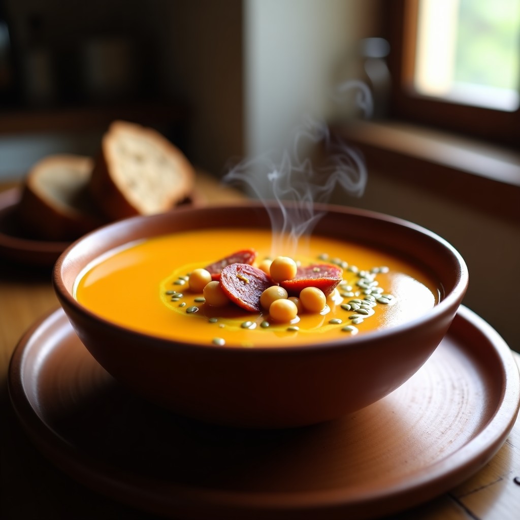 Plato hondo de barro con crema de calabaza espesa de color naranja intenso, trozos de garbanzos y rodajas de chorizo dorado. Decorado con un hilo de aceite de oliva virgen extra y semillas de calabaza tostadas. Fondo rústico con pan de centeno.