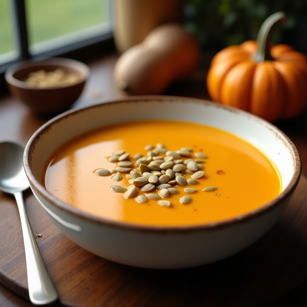 Cuenco de cerámica blanca con crema de calabaza espesa de color naranja intenso, decorada con semillas de calabaza tostadas y un hilo de aceite de oliva, sobre fondo de madera rústica. Receta de crema de calabaza con umami en olla express.