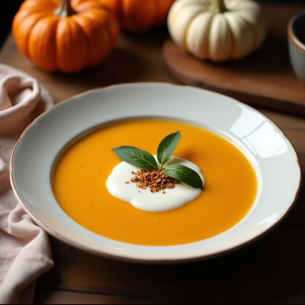 Cuenco de cerámica blanca con crema de calabaza y coco espumosa, decorada con cilantro fresco y semillas de calabaza tostadas. Fondo con textura rústica y cucharón de madera.