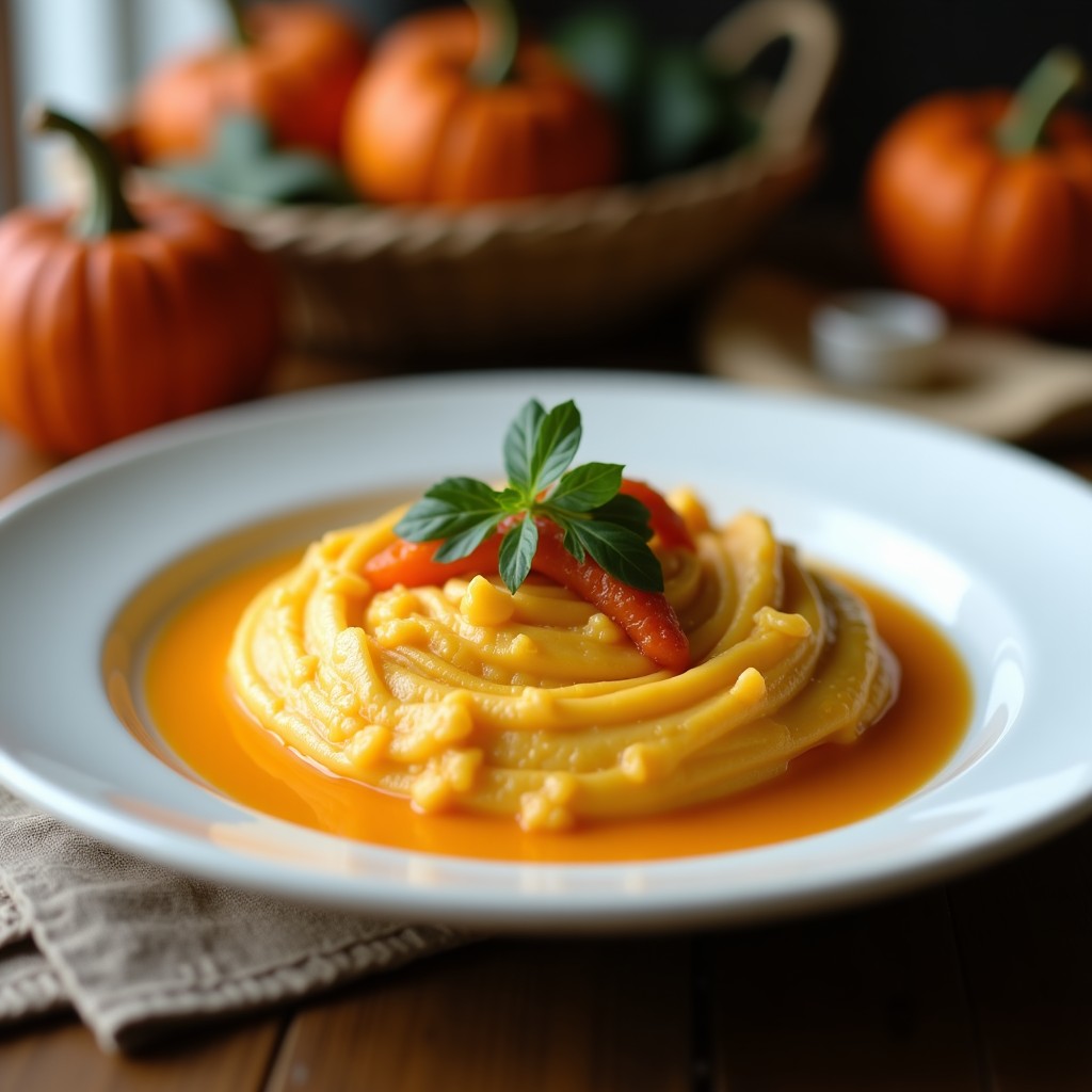 Cuenco de cerámica blanca con crema de calabaza y coco de color naranja intenso, decorada con semillas de calabaza tostadas y hojas de arrayán. Fondo rústico con mantel de lino beige.