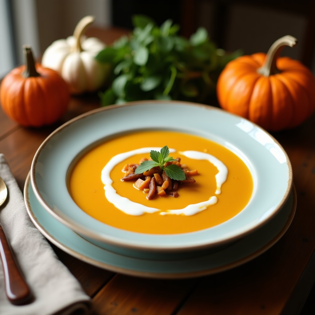 Cuenco blanco con crema de calabaza y coco con curry, decorado con cilantro fresco y virutas de coco tostado, servido sobre una mesa de madera rústica.