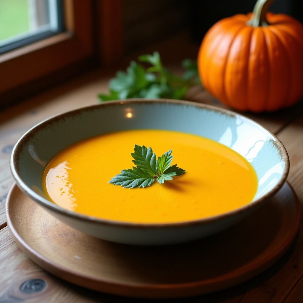 Cuenco de cerámica blanca con crema de calabaza y coco de color naranja intenso, decorada con cilantro fresco, un hilo de leche de coco y semillas de calabaza tostadas. Plato reconfortante de crema de calabaza y coco con curry rojo.