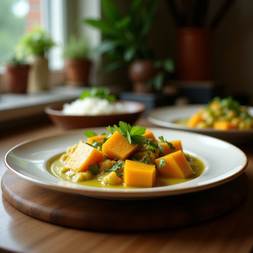 Cuenco blanco con crema de calabaza y coco de color dorado, decorada con hojas de cilantro fresco y un hilo de aceite de coco, servida junto a una cucharada de pasta de curry verde y rodajas de lima.