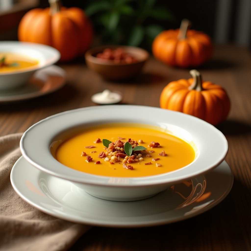 Cazuela de barro con crema de calabaza y coco espolvoreada con semillas de calabaza y cilantro fresco, servida en un plato hondo blanco sobre fondo rústico de madera.