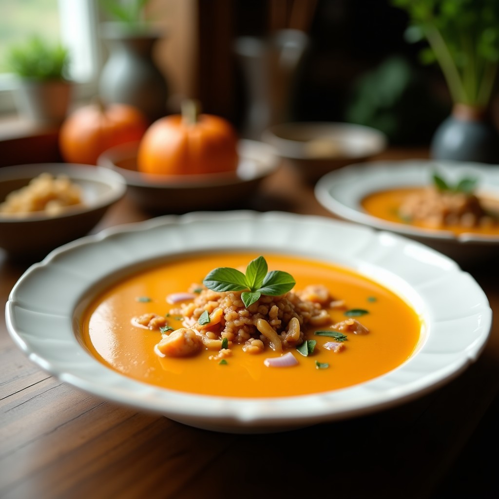 Cuenco de cerámica oscura con crema de calabaza y coco tailandesa, decorada con hilo de leche de coco, cilantro fresco y pimienta negra, sobre fondo rústico de madera con especias tailandesas al lado.