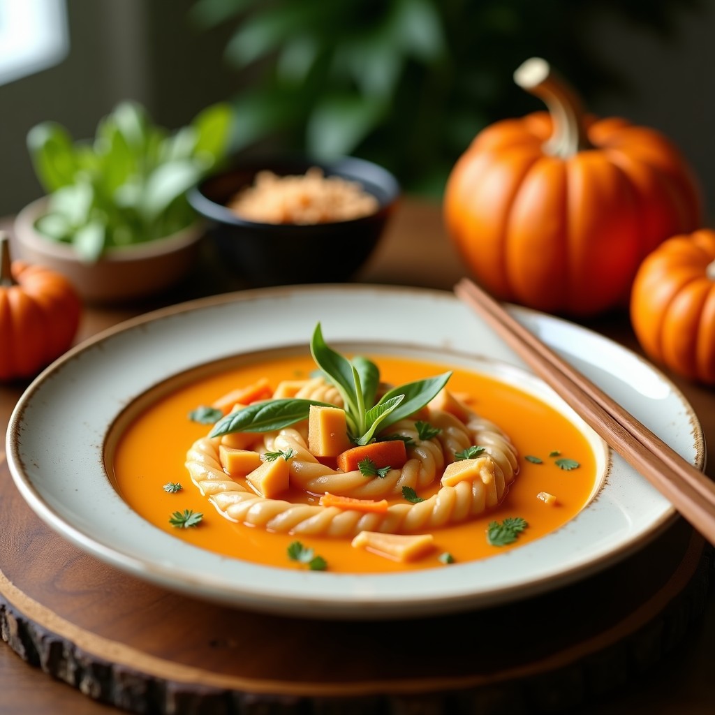 Cuenco hondo de cerámica oscura con crema de calabaza y coco tailandesa, decorada con cacahuetes tostados, cilantro fresco y rodajas de chile rojo, sobre fondo rústico de madera.
