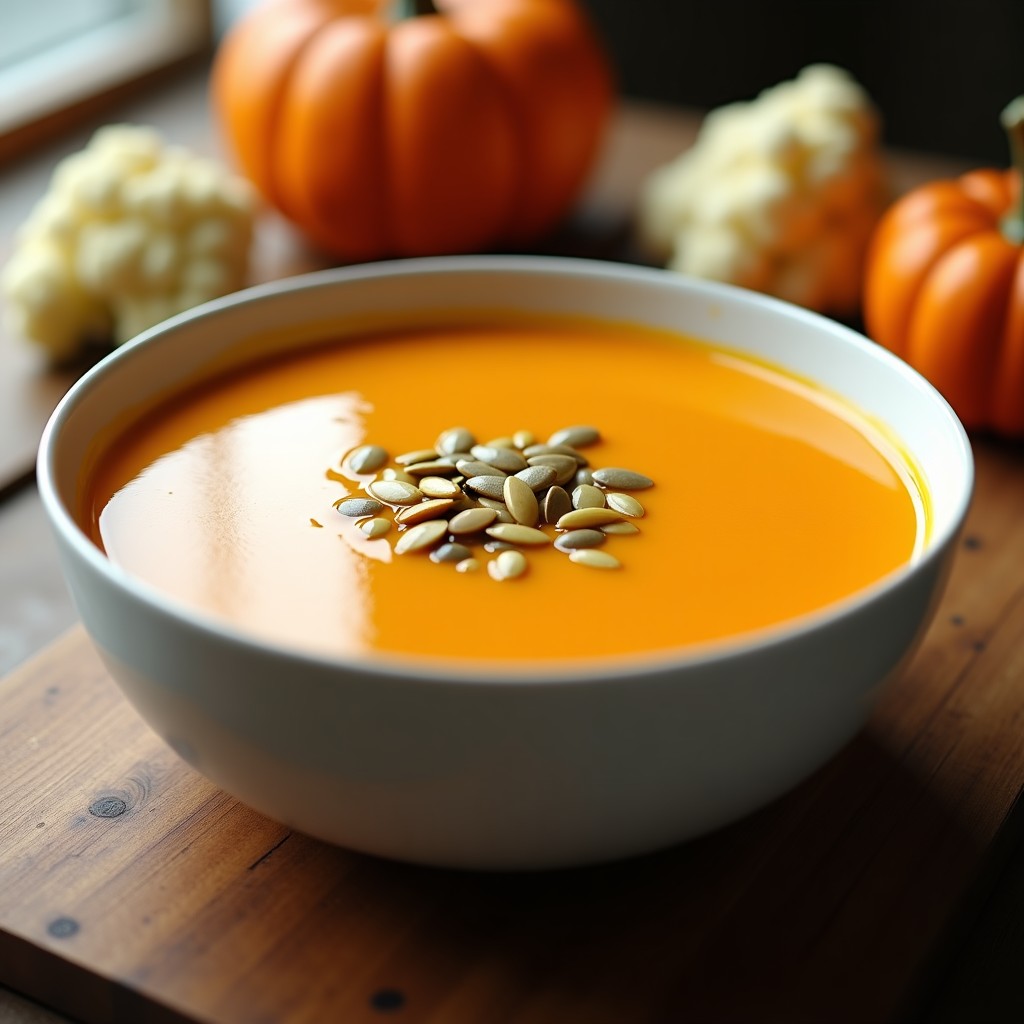 Cuenco blanco con crema de calabaza y coliflor keto de color naranja suave, decorada con semillas de calabaza tostadas y un hilo de aceite de oliva, sobre fondo rústico de madera.