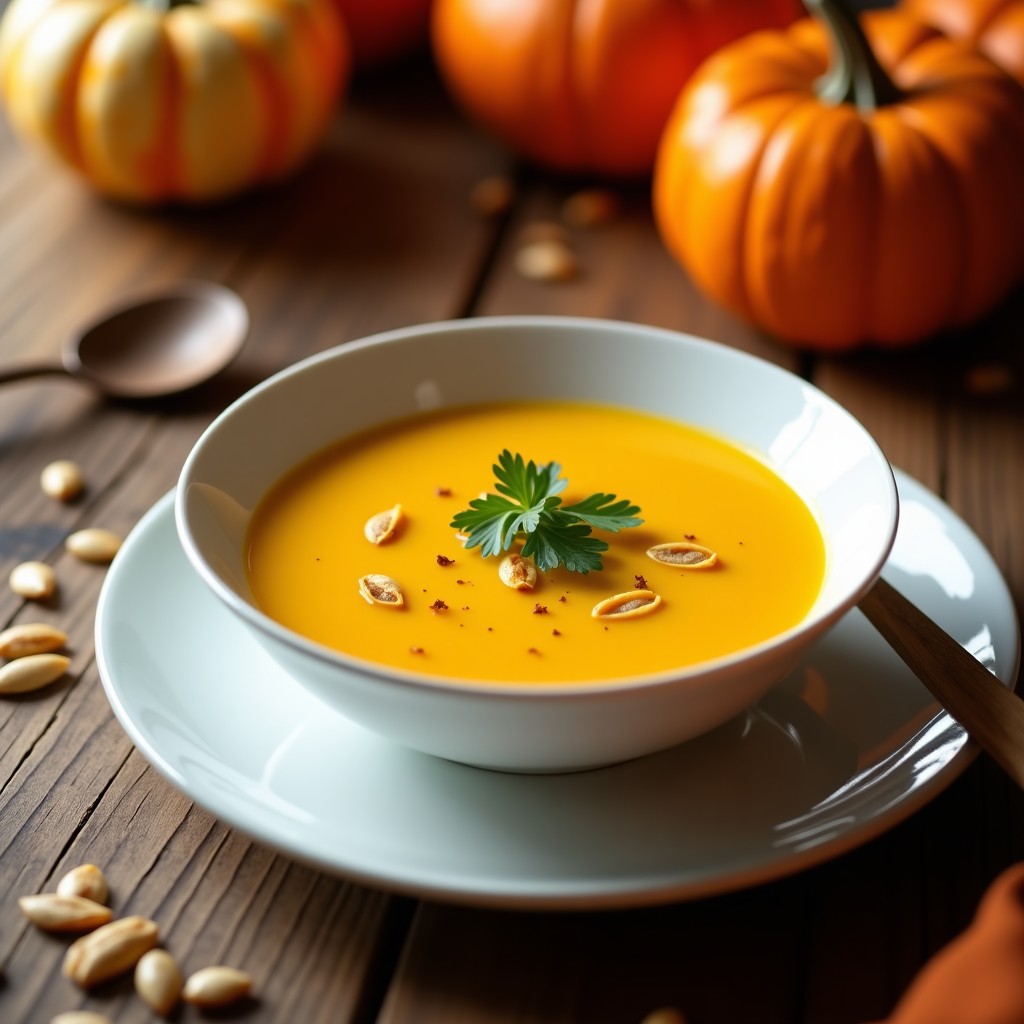 Cuenco blanco con crema de calabaza y cúrcuma en airfryer, color dorado vibrante, decorado con perejil fresco y semillas de calabaza, fondo rústico de madera.