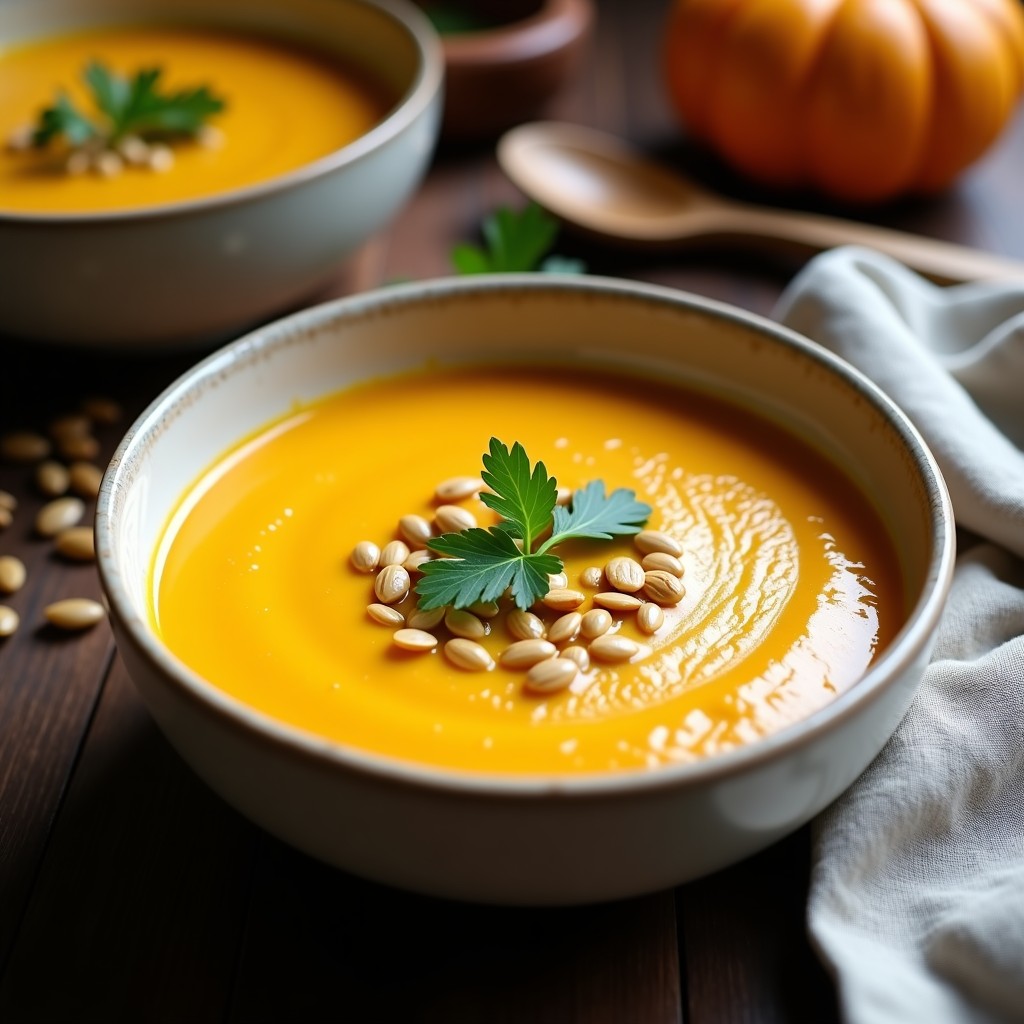 Bowl blanco hondo con crema de calabaza y cúrcuma de color dorado, decorada con perejil fresco y semillas de calabaza tostadas. Fondos de madera rústica y cuchara de madera.