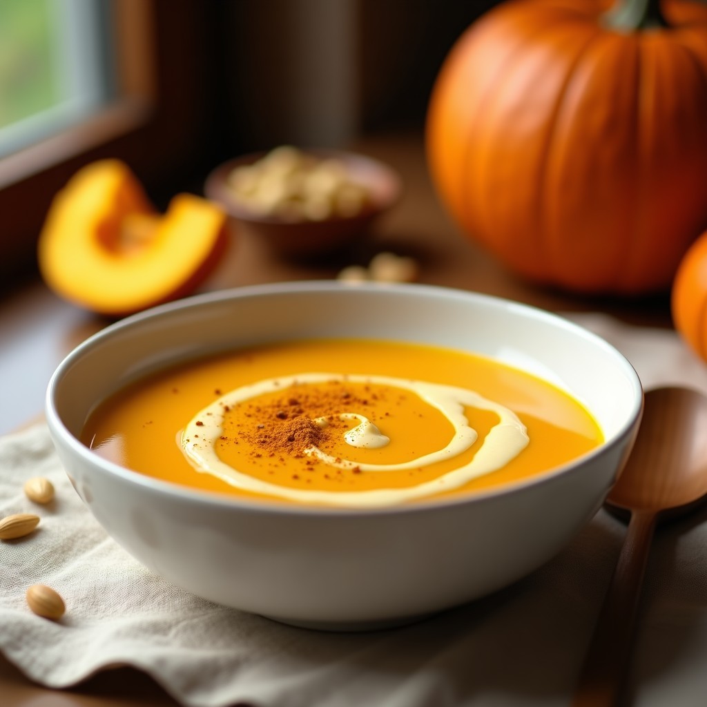 Cuenco blanco con crema de calabaza con cúrcuma en Thermomix, color dorado intenso, decorada con hilo de aceite de oliva virgen extra y pizca de cúrcuma en polvo, sobre mantel rústico de lino.