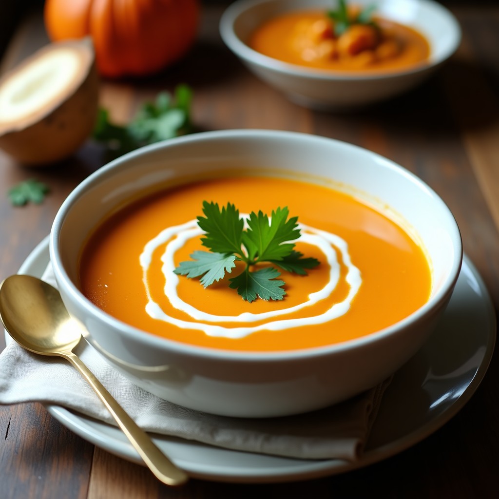 Cuenco blanco con crema de calabaza al curry rojo, decorada con cilantro fresco y un hilo de leche de coco, servida en mesa rústica.