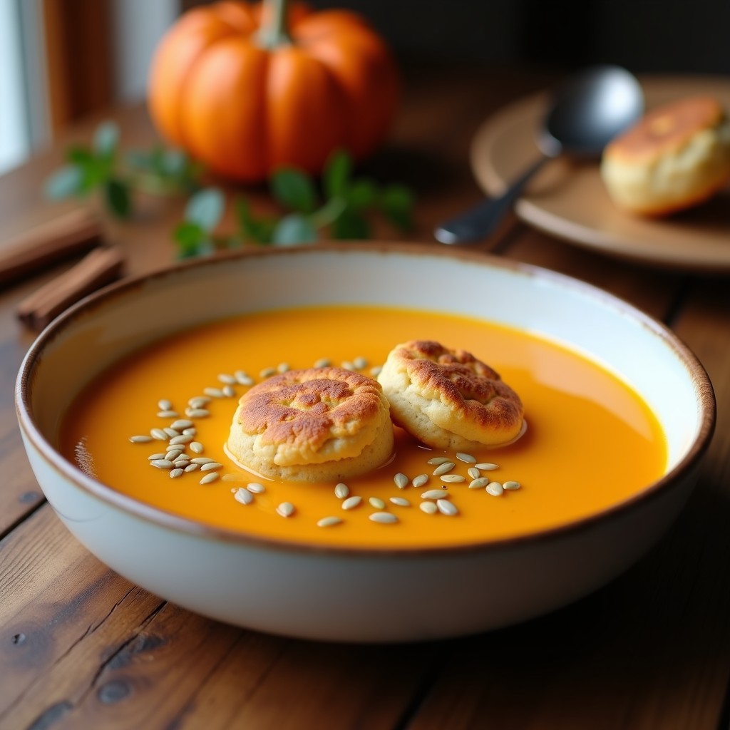 Plato hondo blanco con crema de calabaza espesa de color naranja intenso, decorada con galletas de especias doradas y semillas de calabaza tostadas, receta de olla lenta navideña.