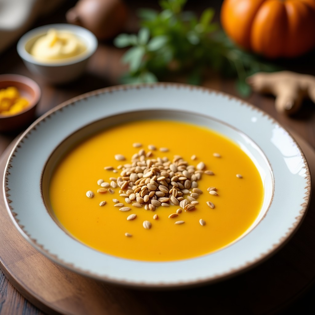 Crema de calabaza con jengibre y cúrcuma vegana en un tazón con crujiente de semillas y leche de coco