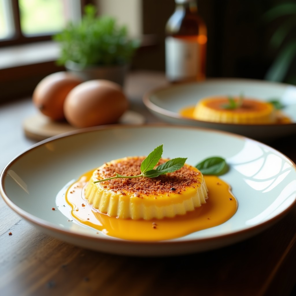 Crema de calabaza y jengibre vegana con crujiente de semillas, lista para servir en un tazón blanco