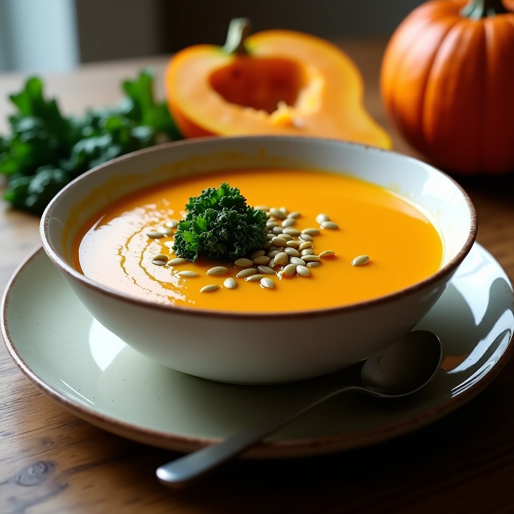 Cuenco de cerámica blanca con crema de calabaza y kale en airfryer, textura sedosa y color verde intenso, decorada con semillas de calabaza y aceite de oliva virgen extra.