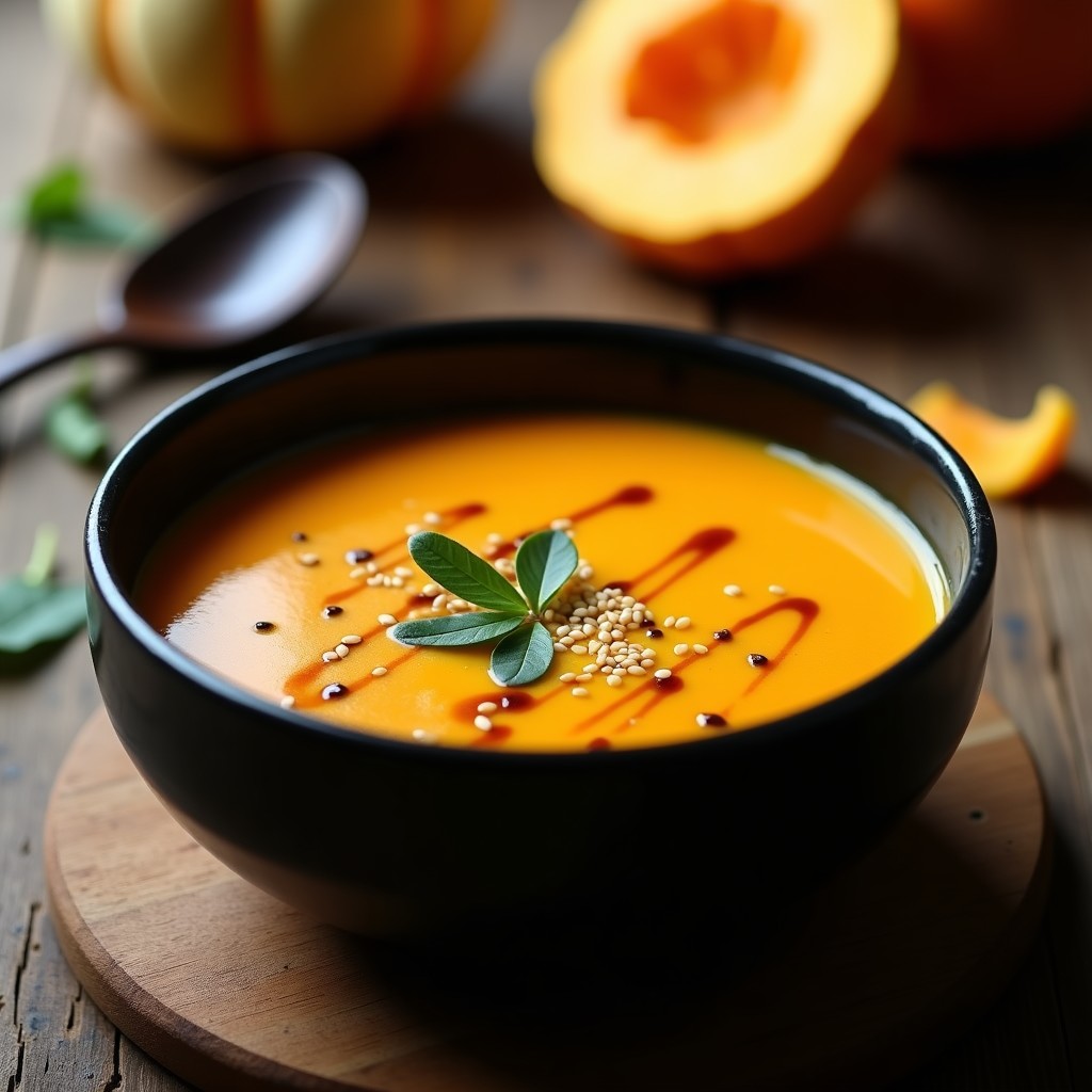 Cuenco de cerámica negra con crema de calabaza y komatsuna, espolvoreada con semillas de sésamo tostadas, servida con una cucharita de madera sobre fondo rústico.