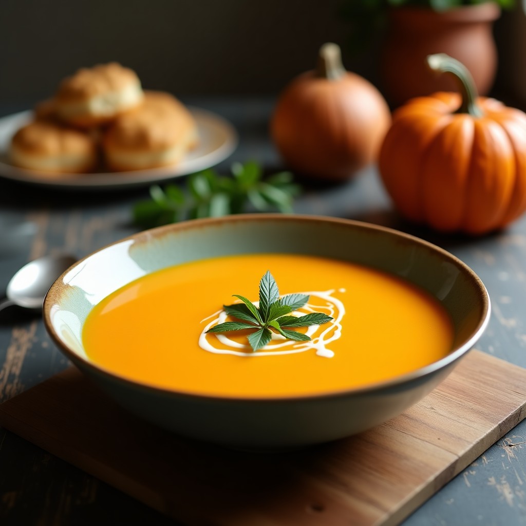 Crema de calabaza y leche de coco con jengibre, receta vegana cremosa y aromática en un tazón de cerámica, decorada con cilantro fresco y pipas de calabaza tostadas