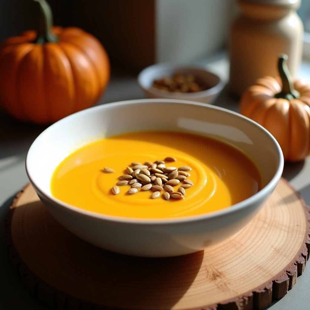 Crema de calabaza naranja ahumada servida en un cuenco blanco con semillas de calabaza tostadas y un hilo de aceite de oliva, receta en airfryer.