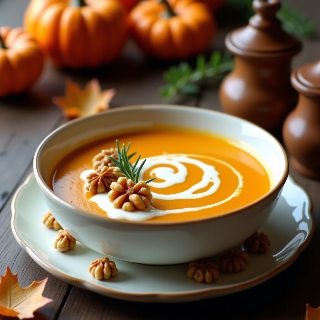 Cuenco blanco con crema de calabaza naranja intenso, decorada con nueces tostadas doradas y un espiral de crema de coco, sobre mesa de madera rústica con hoja de laurel.