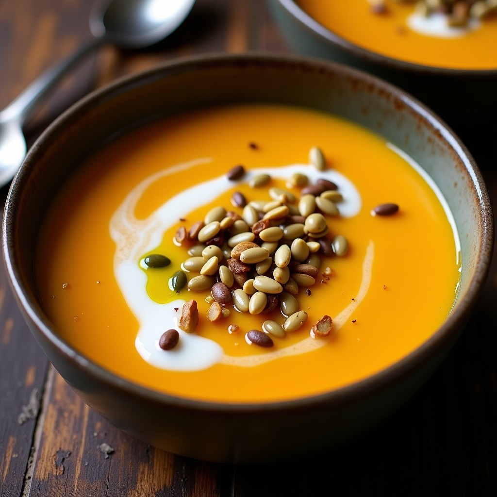Crema de Calabaza y Pera Asada con Crujiente de Semillas y Jengibre