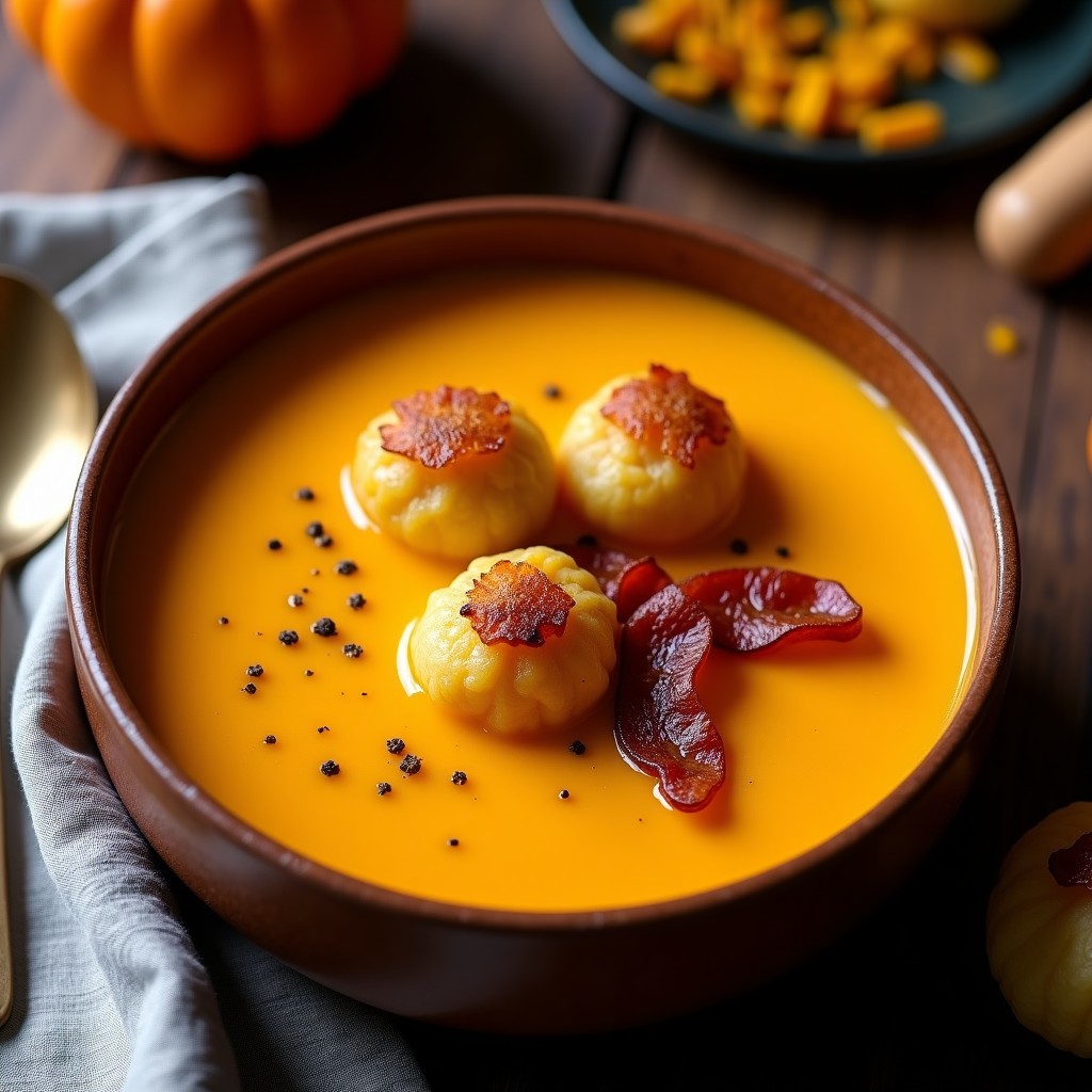 Crema de Calabaza Cremosa con Röstis de Patata y Panceta Crujiente