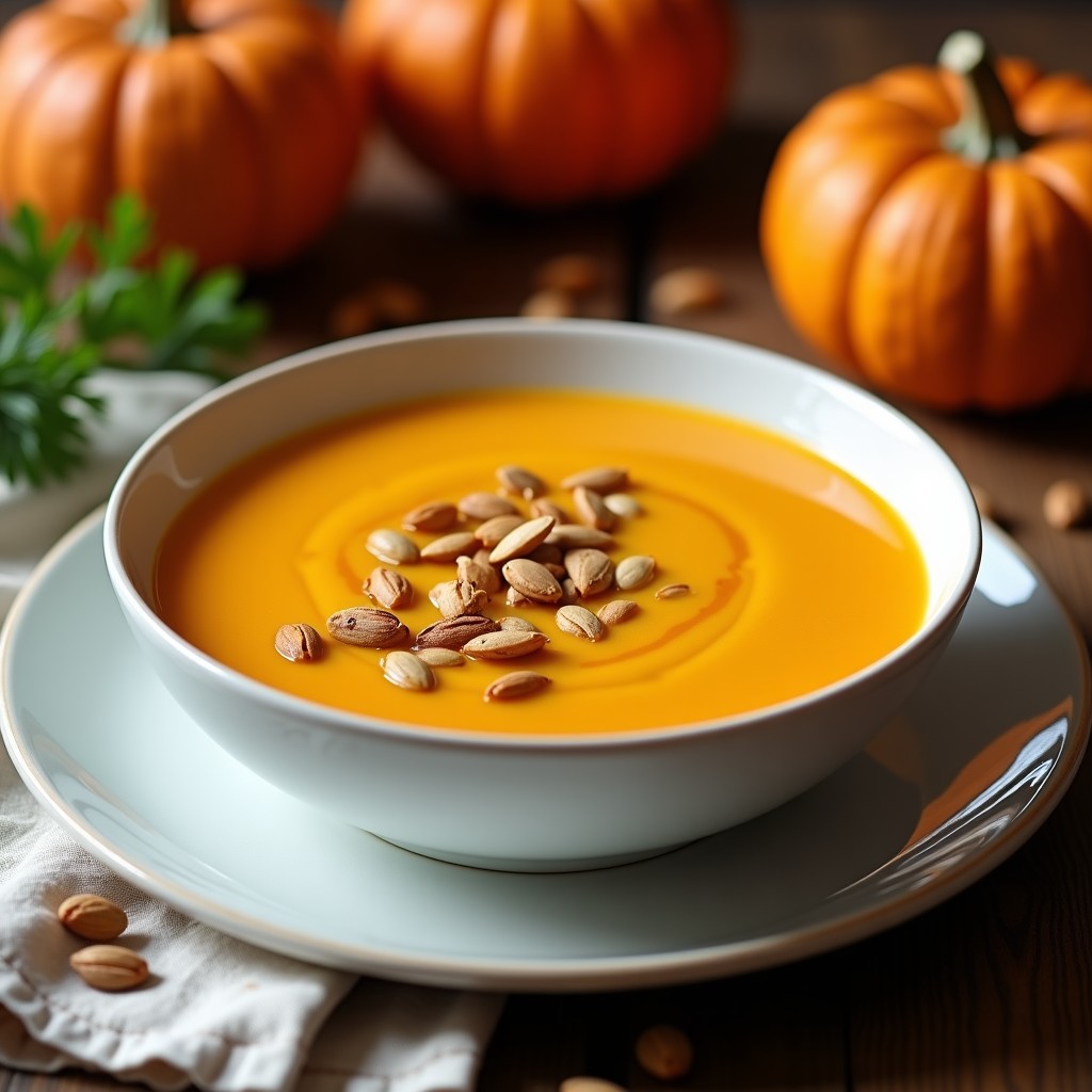 Bowl blanco con crema de calabaza y tofu ahumado, textura ultracremosa, decorada con semillas de calabaza tostadas y un hilo de aceite de oliva, fondo rústico de madera.