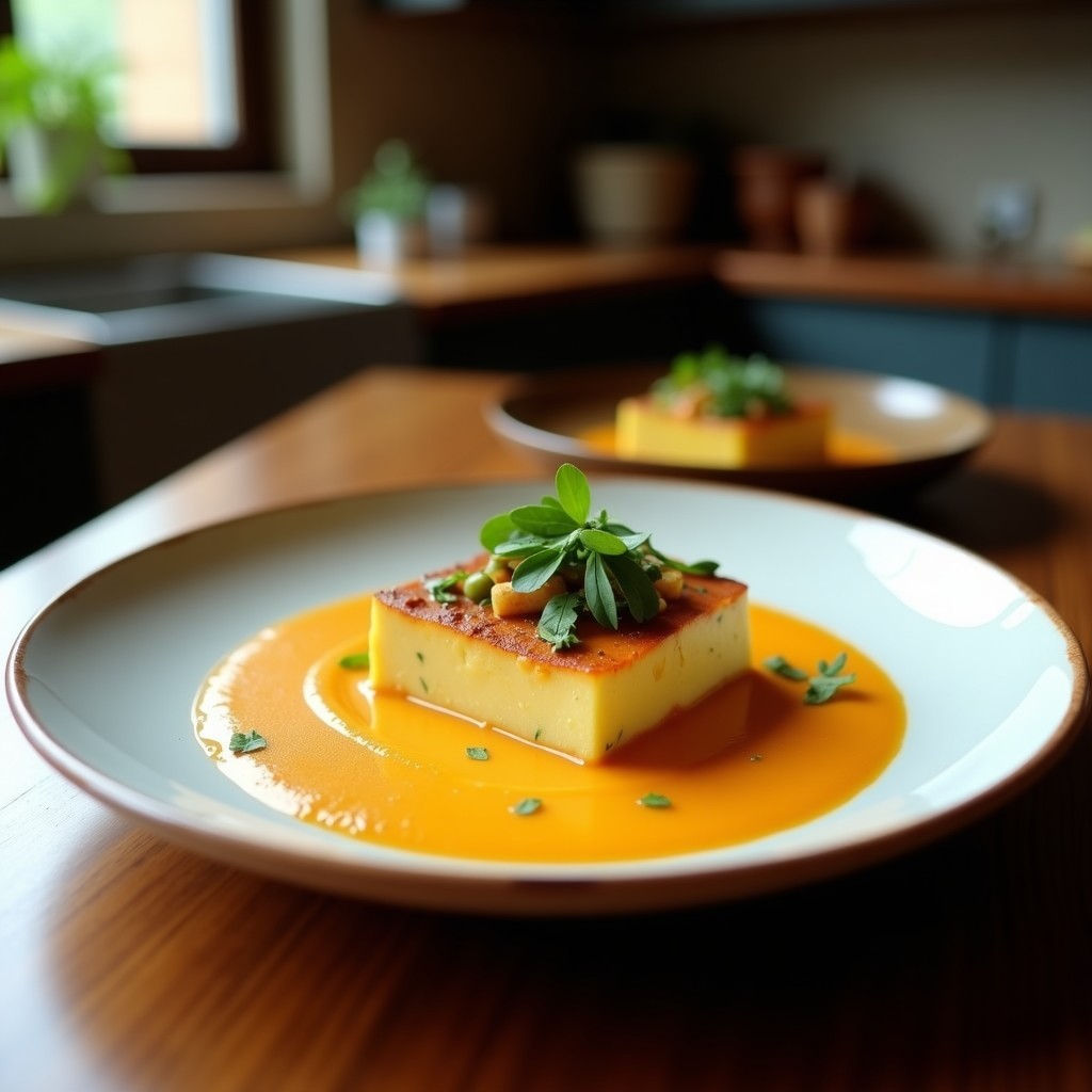 Cuenco blanco con crema de calabaza y tofu ahumado en Thermomix, textura sedosa, decorado con semillas de calabaza y aceite de oliva, fondo rústico.