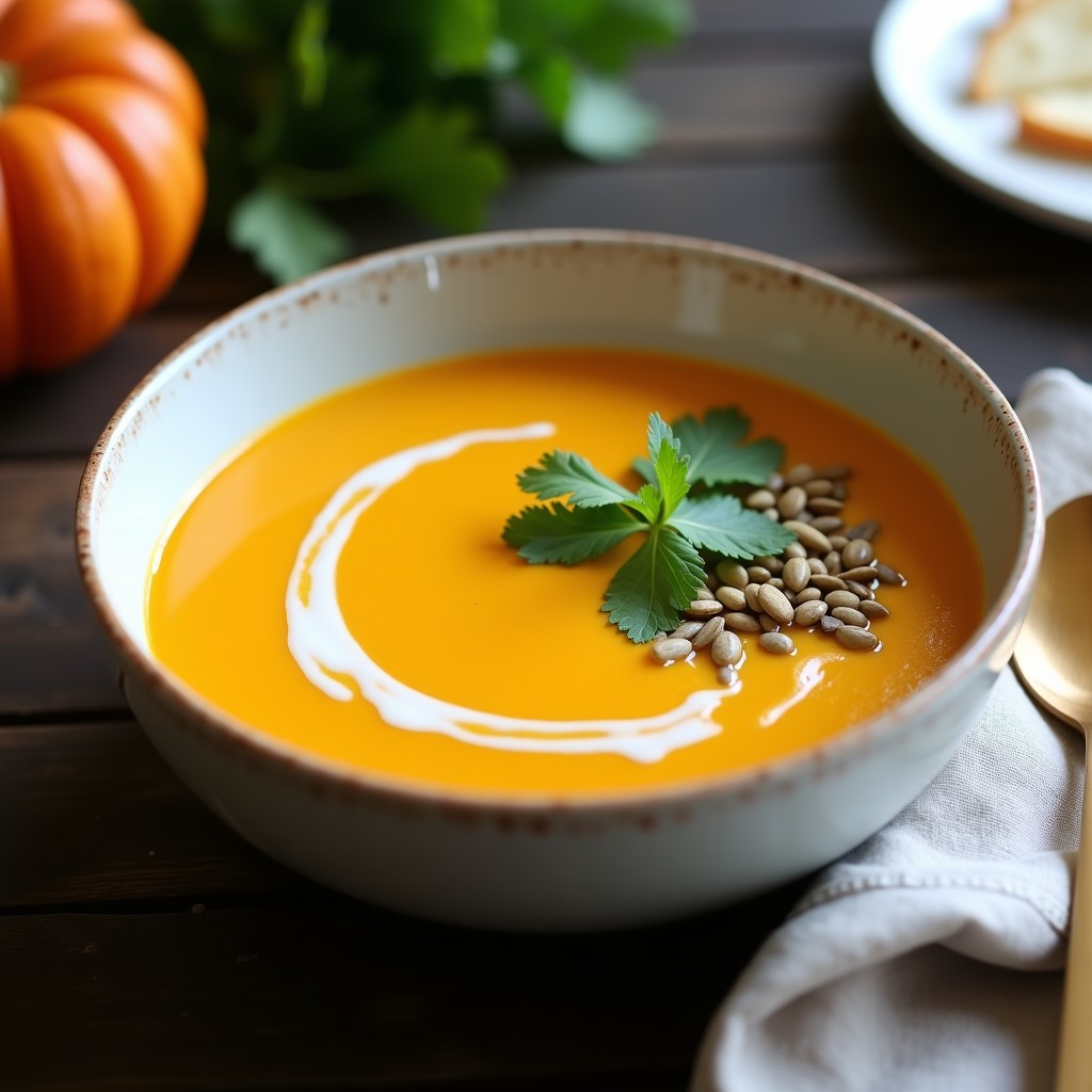 Cuenco de cerámica blanca con crema de calabaza y tofu ahumado, decorada con cilantro fresco y semillas de calabaza tostadas, sobre fondo rústico de madera.