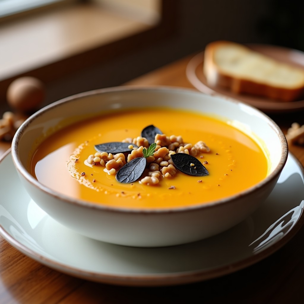 Cuenco blanco con crema de calabaza suave y brillante, decorada con láminas de trufa negra, nueces tostadas picadas y un hilo de aceite de oliva. Fondo borroso con pan crujiente.