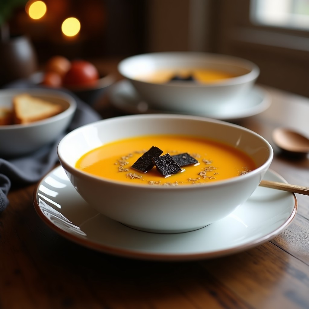Cuenco blanco elegante con crema de calabaza azafrán suave, coronada con láminas de trufa negra y un hilo de aceite de oliva. Fondo rústico con cucharón de madera y pan tostado.