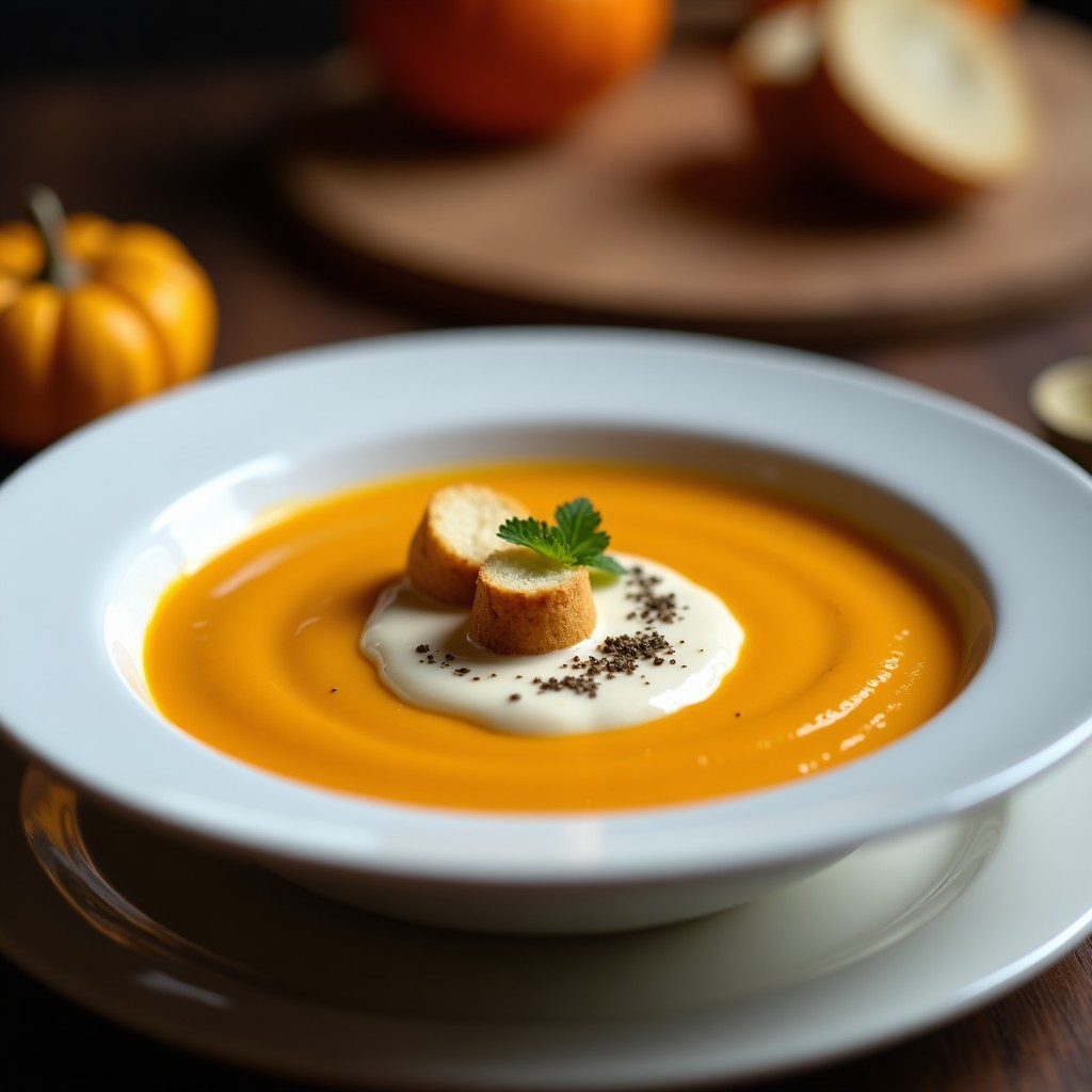 Plato hondo blanco con crema de calabaza naranja intenso en la base y una capa superior de nata blanca con vetas de aceite de trufa negra, decorado con perejil fresco y croutons dorados. Receta de crema de calabaza con trufa en ollas superpuestas.