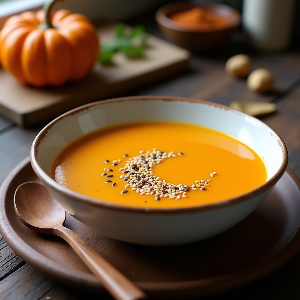 Cuenco de cerámica blanca con crema de calabaza al zaatar, espolvoreada con semillas de sésamo y un hilo de aceite de oliva, sobre fondo rústico de madera con una cucharón de madera.