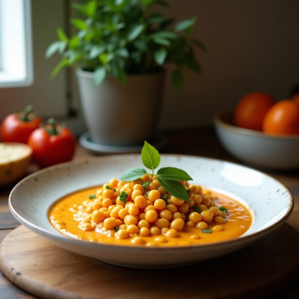 Crema de calabaza asada y zanahoria vegana con crujiente de garbanzos especiados en un tazón de cerámica